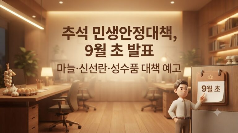따뜻한 조명이 비치는 사무실을 배경으로 '추석 민생안정대책, 9월 초 발표'와 '마늘·신선란·성수품 대책 예고' 문구가 적힌 3D 렌더 이미지. 우측 하단에는 9월 초 달력을 가리키는 캐릭터가 배치되어 있음.