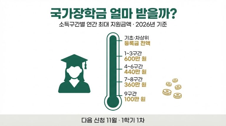 국가장학금 소득구간별 연간 최대 지원금액 인포그래픽 - 기초·차상위 등록금 전액, 1~3구간 600만 원, 4~6구간 440만 원, 7~8구간 360만 원, 9구간 100만 원
