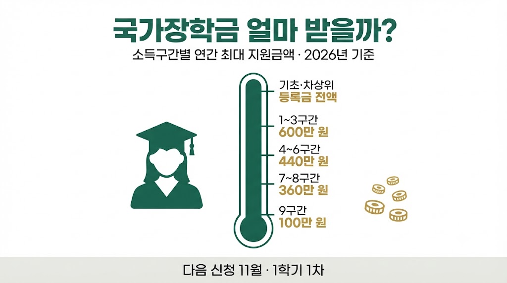국가장학금 소득구간별 연간 최대 지원금액 인포그래픽 - 기초·차상위 등록금 전액, 1~3구간 600만 원, 4~6구간 440만 원, 7~8구간 360만 원, 9구간 100만 원
