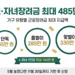 근로장려금 가구별 최대 지급액 인포그래픽 - 단독 165만 원, 홑벌이 285만 원, 맞벌이 330만 원, 자녀장려금 1인당 100만 원