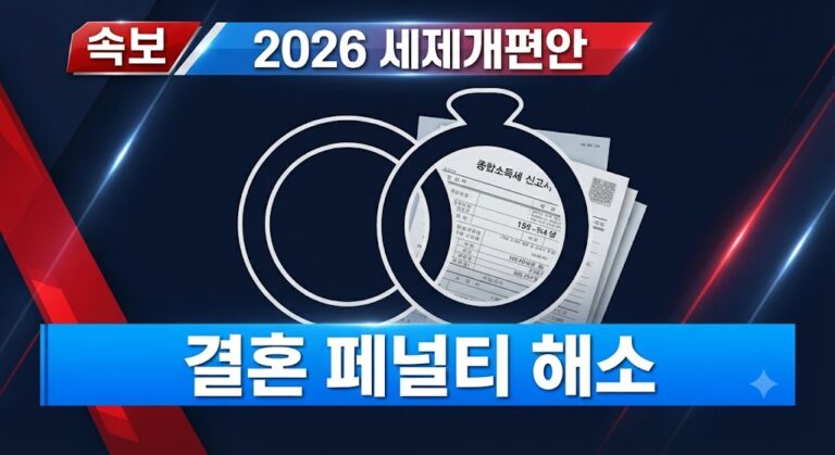 2026 세제개편안 속보와 결혼 페널티 해소 내용을 담은 뉴스 브리핑 스타일의 인포그래픽 이미지