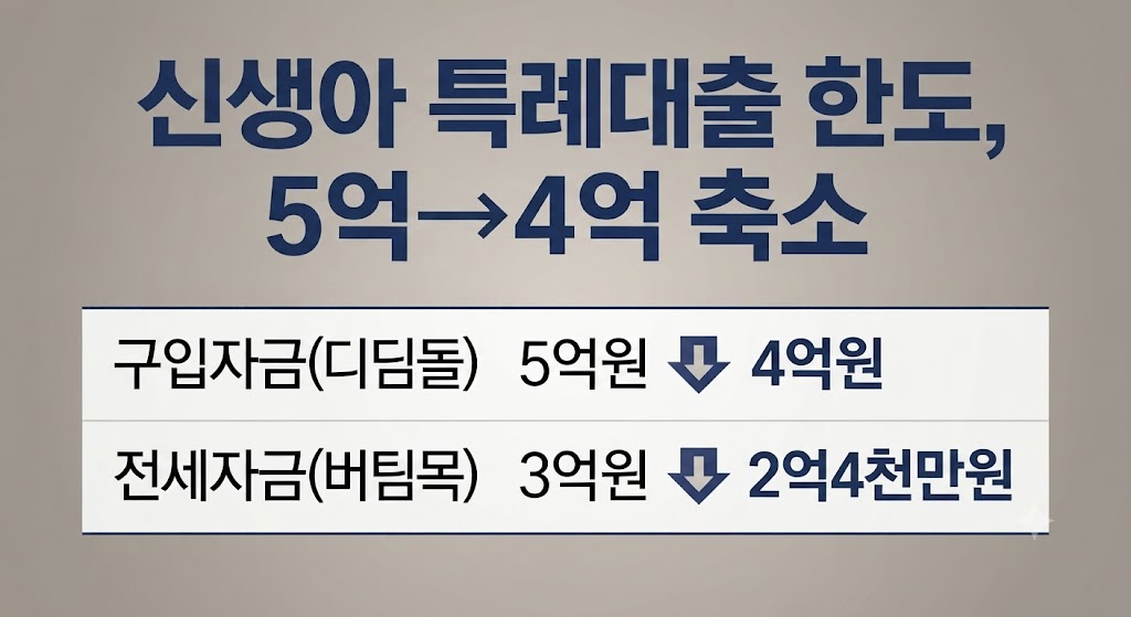 신생아 특례대출 한도 축소 안내 인포그래픽: 구입자금 디딤돌 5억에서 4억으로, 전세자금 버팀목 3억에서 2억4천만원으로 변경