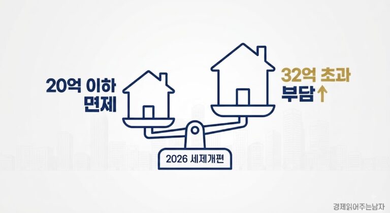 2026 세제개편 종부세 20억 면제와 32억 초과 부담 증가 비교 정보그래픽