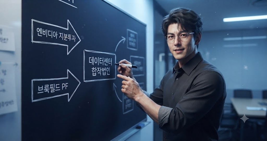 네이버의 엔비디아 지분투자와 브룩필드 프로젝트파이낸싱 이중 자금조달 구조를 설명하는 경제읽남 애널리스트 캐릭터