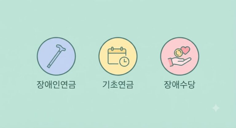 장애인연금·기초연금·장애수당 세 제도를 아이콘으로 구분한 인포그래픽
