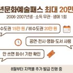 청년문화예술패스 2026 인포그래픽 - 2006·2007년생 대상, 수도권 15만 원·비수도권 20만 원, 공연·전시·영화·도서 사용