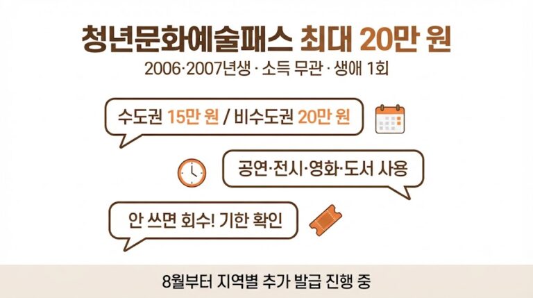 청년문화예술패스 2026 인포그래픽 - 2006·2007년생 대상, 수도권 15만 원·비수도권 20만 원, 공연·전시·영화·도서 사용