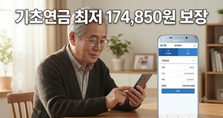 어르신이 스마트폰 복지로 앱으로 기초연금 모의계산을 하는 모습