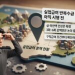 실업급여 반복수급 감액 요약 문구와 경제남 캐릭터가 있는 3D 이미지