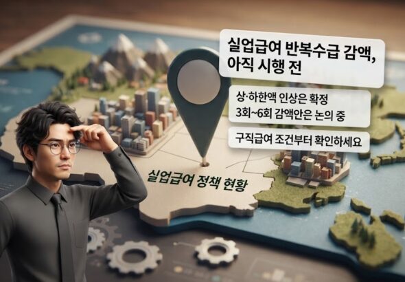 실업급여 반복수급 감액 요약 문구와 경제남 캐릭터가 있는 3D 이미지