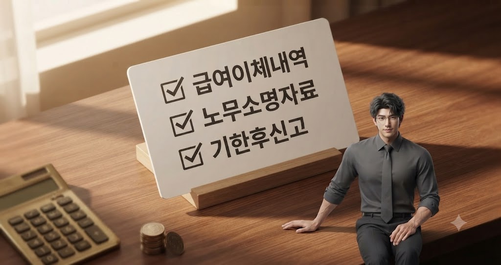책상 위 체크리스트 카드에 급여이체내역·노무소명자료·기한후신고 항목이 표시되고 경제남 캐릭터가 옆에 앉아 있는 3D 렌더 장면